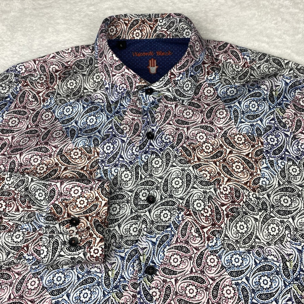 Visconti Black Dress Shirt Mens Large Multicolor Paisley Long Sleeves